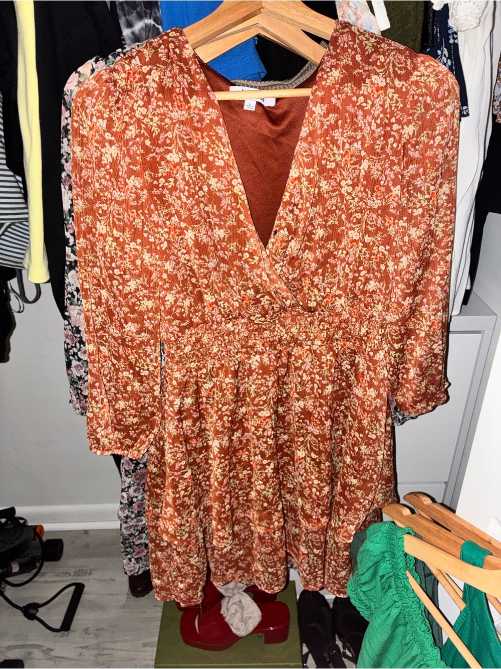 Rust Floral Wrap-Style Women's Dress